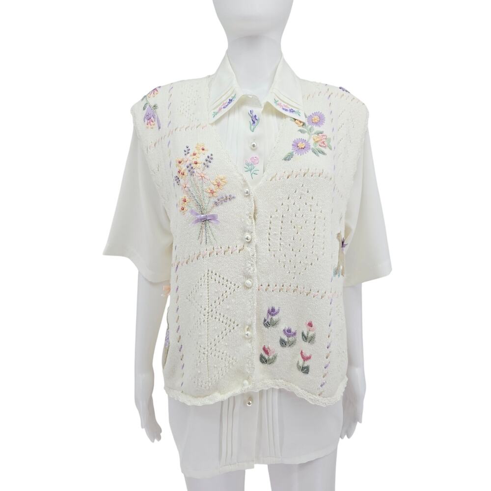 Vintage 2-Piece Easter Grandmacore Vest Button Up Set White 14